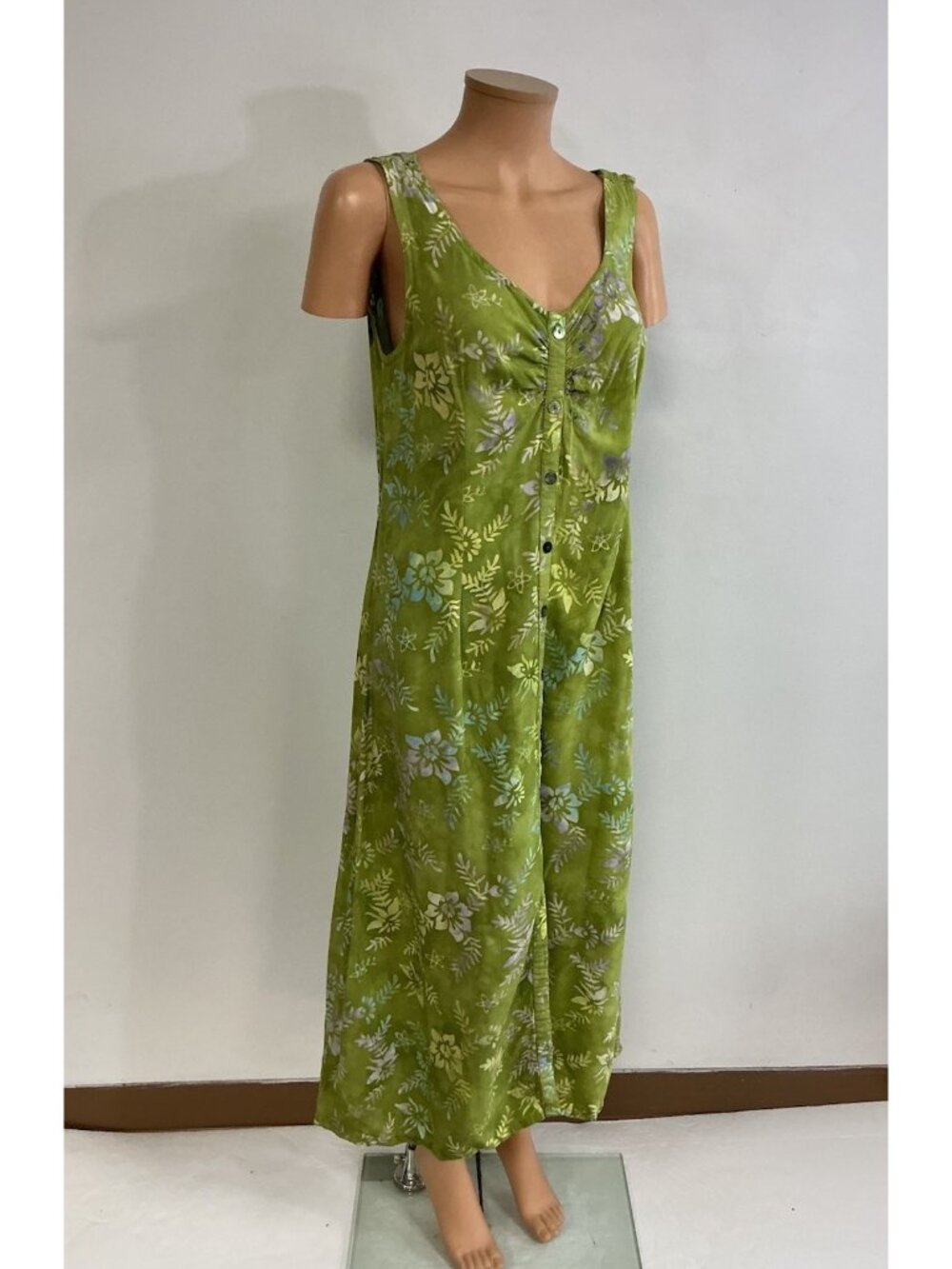 Nomadic Traders Green Maxi Hawaiian Dress Tropical Batik Womens Medium